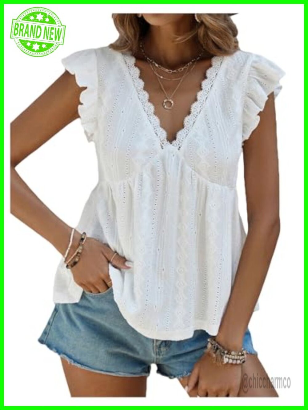 SweatyRocks Eyelet Lace Ruffled Blouse Flowy Peplum Top Cap Sleeve